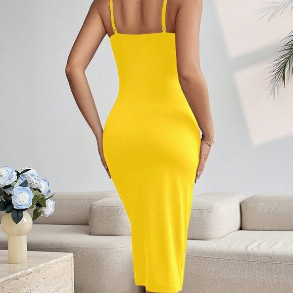 Yellow Sexy Women's Ring Connection Pleated Slit Long Slim Cami Dress - Picture 3 of 7
